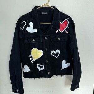 SHEIN Women’s Black Jean Jacket with Hearts Graphic Size M